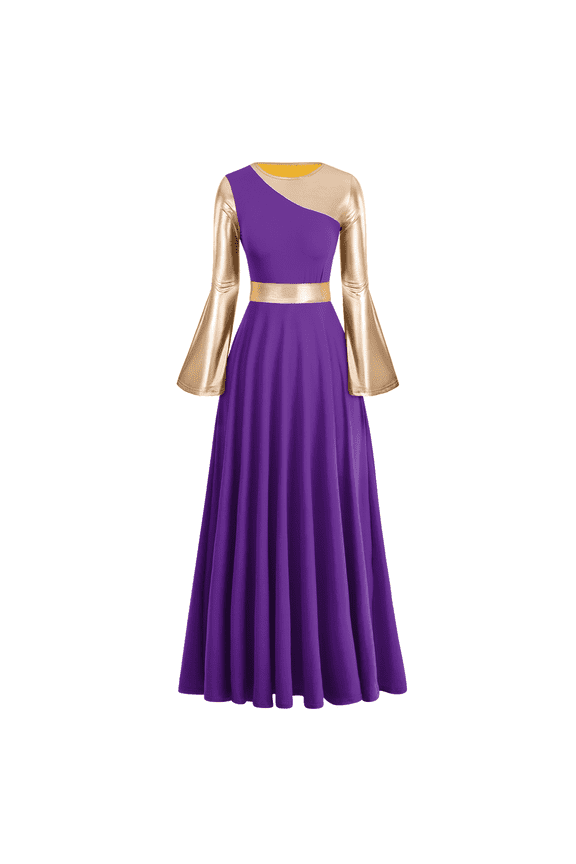 Women Liturgical Praise Dance Long Dress Metallic Bi Color Lyrical Dancewear Worship Costume