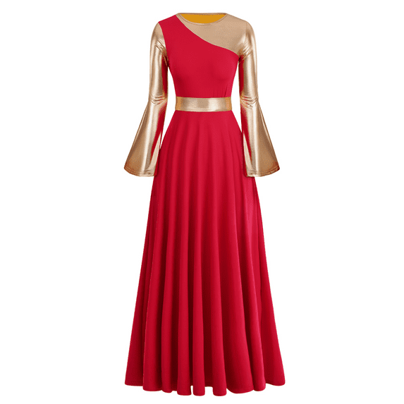 IDOPIP Women Liturgical Praise Dance Long Dress Metallic Bi Color Lyrical Dancewear Worship Costume