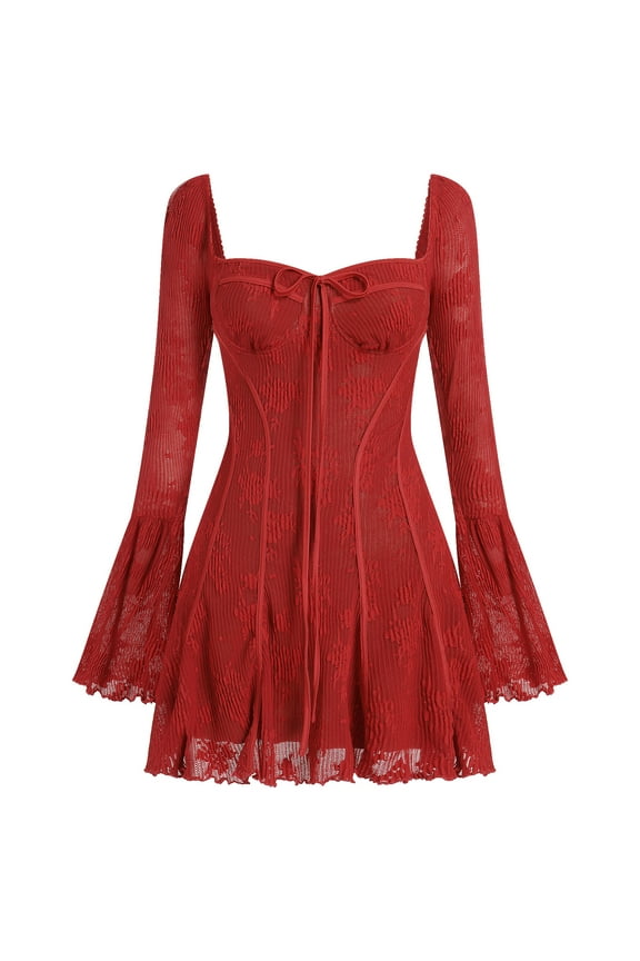 Women Long Bell Sleeve Corset Mini Dress Floral Low Cut Lace Ruffle Cocktail Party Dresses