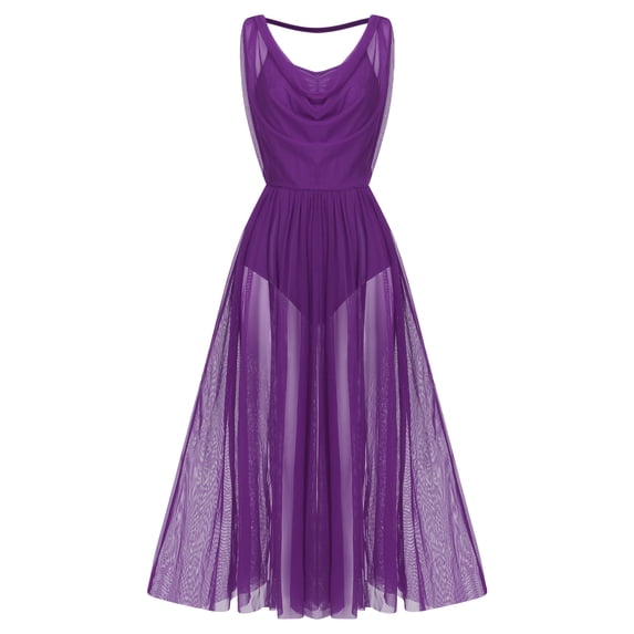 IDOPIP Women Lyrical Modern Contemporary Dance Costume Leotard V-Neck Backless Split Tulle Skirt Flowy Overlay Dress L Purple