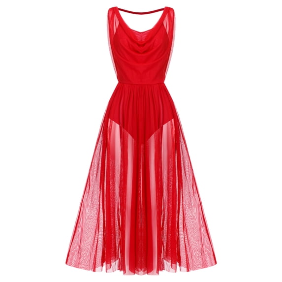 IDOPIP Women Lyrical Modern Contemporary Dance Costume Leotard V-Neck Backless Split Tulle Skirt Flowy Overlay Dress L Red