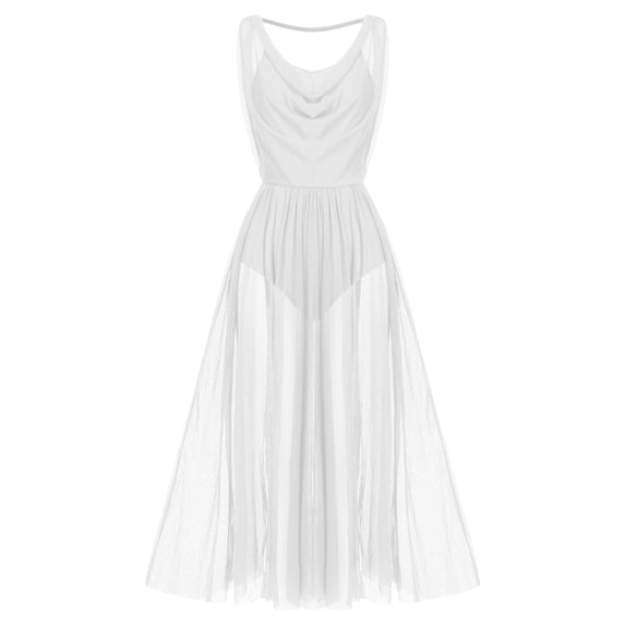 IDOPIP Women Lyrical Modern Contemporary Dance Costume Leotard V-Neck Backless Split Tulle Skirt Flowy Overlay Dress M White
