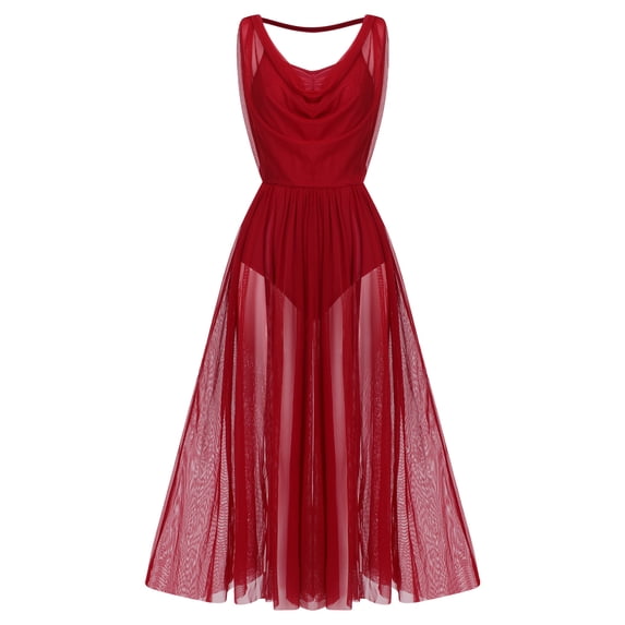 IDOPIP Women Lyrical Modern Contemporary Dance Costume Leotard V-Neck Backless Split Tulle Skirt Flowy Overlay Dress M Wine Red