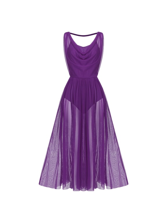 Women Lyrical Modern Contemporary Dance Costume Leotard V-Neck Backless Split Tulle Skirt Flowy Overlay Dress S Purple