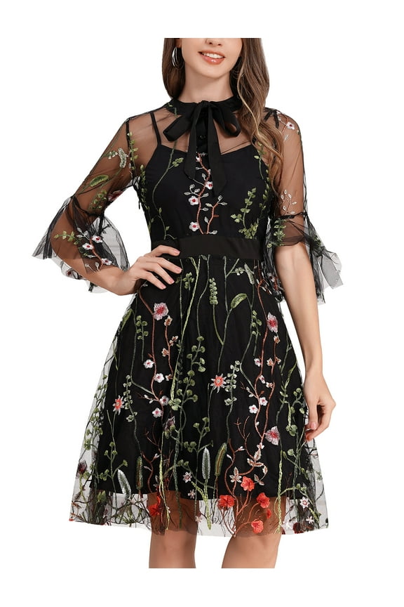 Women Mesh Floral Embroidery Vintage Dress Illusion 50s Goth Flared A line Cocktail Dress