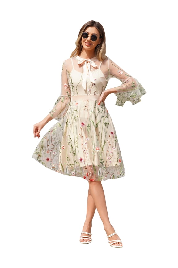 Women Mesh Floral Embroidery Vintage Dress Illusion 50s Goth Flared A line Cocktail Dress