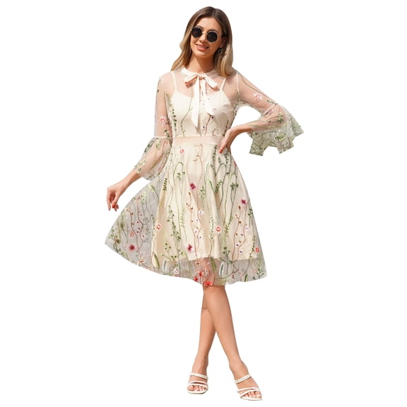 IDOPIP Women Mesh Floral Embroidery Vintage Dress Illusion 50s Goth Flared A line Cocktail Dress