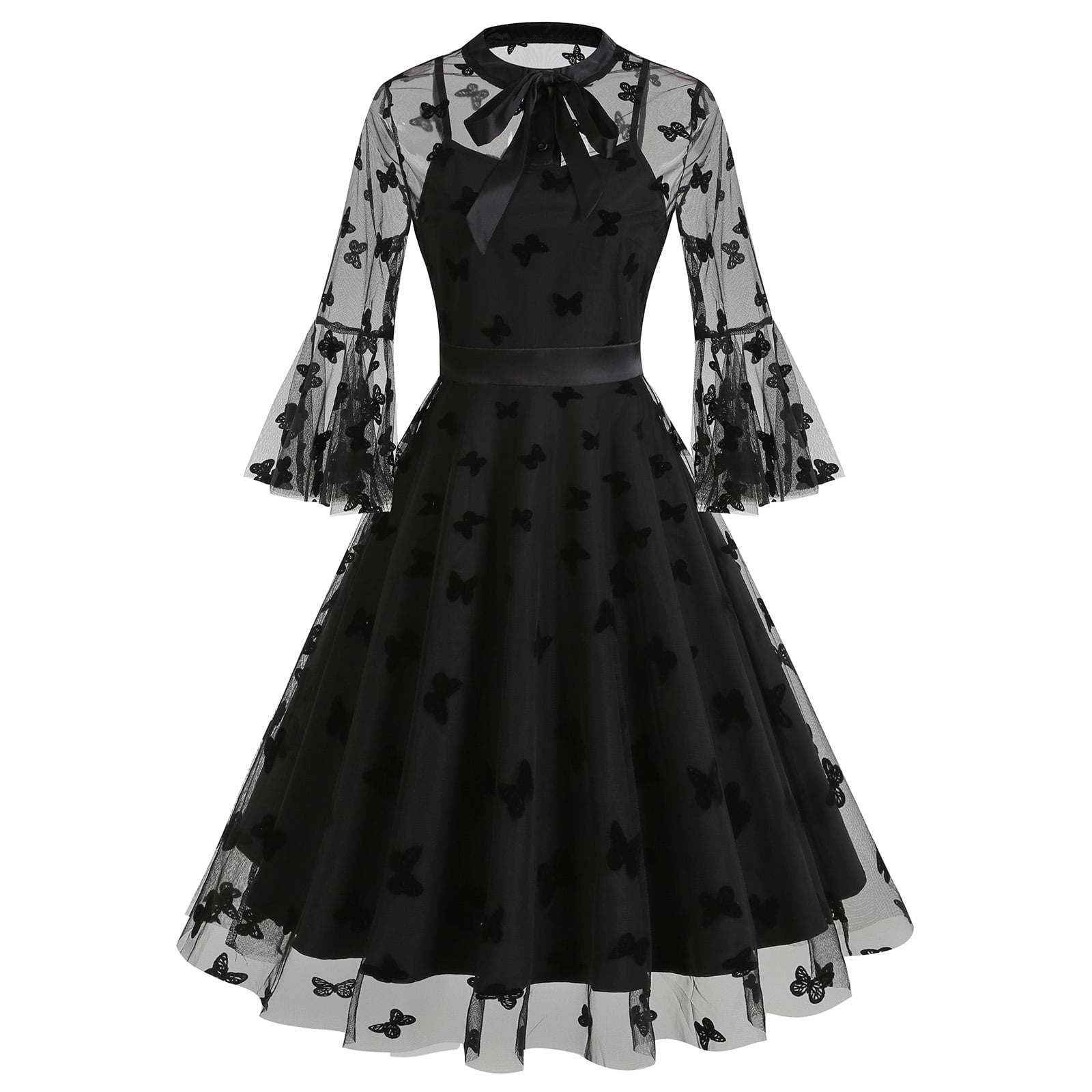 IDOPIP Women Mesh Floral Embroidery Vintage Dress Illusion 50s Goth Flared  A line Cocktail Dress - Walmart.com