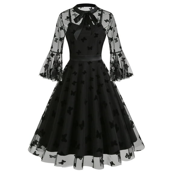 IDOPIP Women Mesh Floral Embroidery Vintage Dress Illusion 50s Goth Flared A line Cocktail Dress