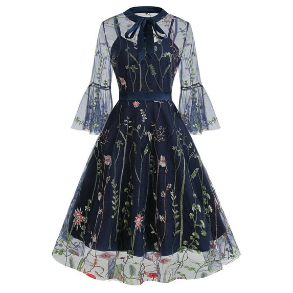 IDOPIP Women Mesh Floral Embroidery Vintage Dress Illusion 50s Goth Flared A line Cocktail Dress
