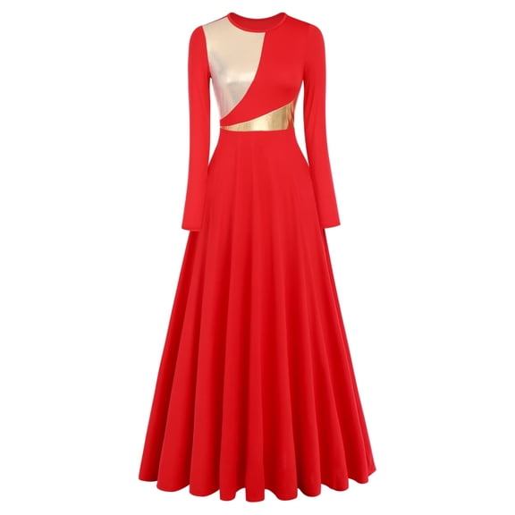 IDOPIP Women Metallic Bi Color Praise Dance Dress Long Sleeve Lyrical Dancewear Worship Robe Dress