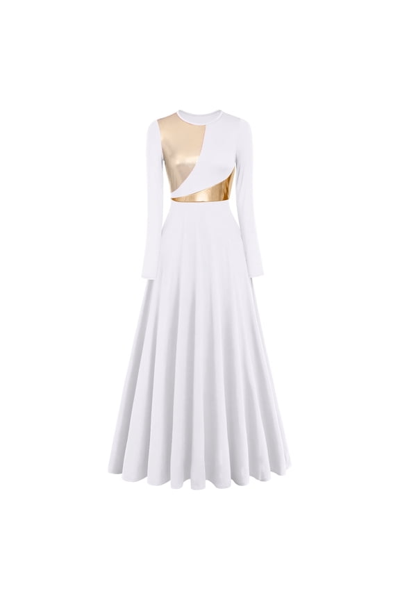 Women Metallic Bi Color Praise Dance Dress Long Sleeve Lyrical Dancewear Worship Robe Dress