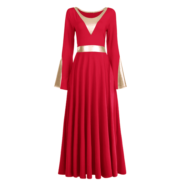 IDOPIP Women Metallic Gold Liturgical Praise Dance Dress Long Sleeve Lyrical Dancewear Worship Dress