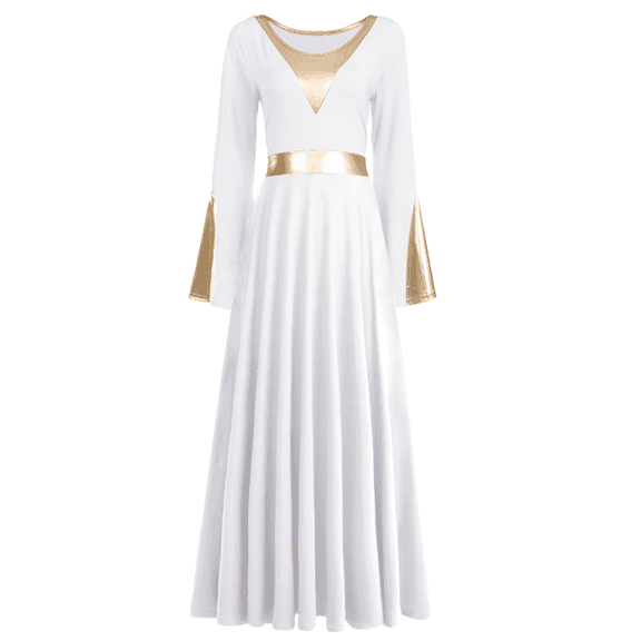 IDOPIP Women Metallic Gold Liturgical Praise Dance Dress Long Sleeve Lyrical Dancewear Worship Dress
