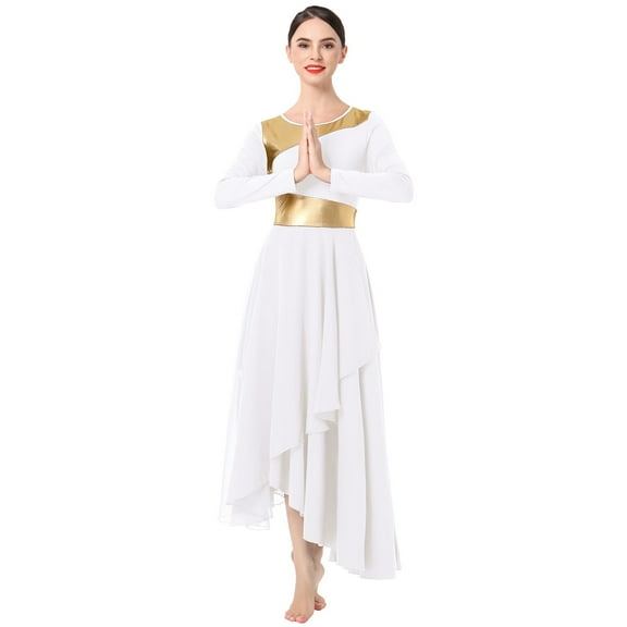IDOPIP Women Metallic Patchwork Liturgical Praise Dance Dress Asymmetric Hemline Lyrical Dancewear