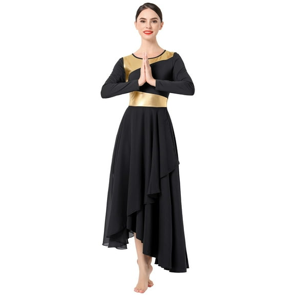 IDOPIP Women Metallic Patchwork Liturgical Praise Dance Dress Asymmetric Hemline Lyrical Dancewear