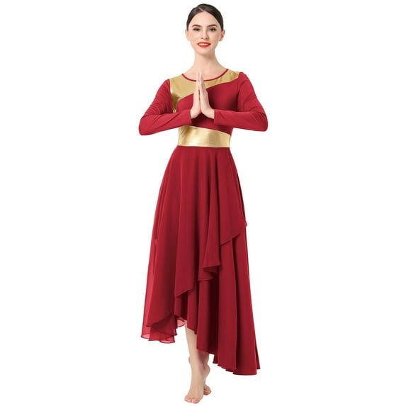 IDOPIP Women Metallic Patchwork Liturgical Praise Dance Dress Asymmetric Hemline Lyrical Dancewear