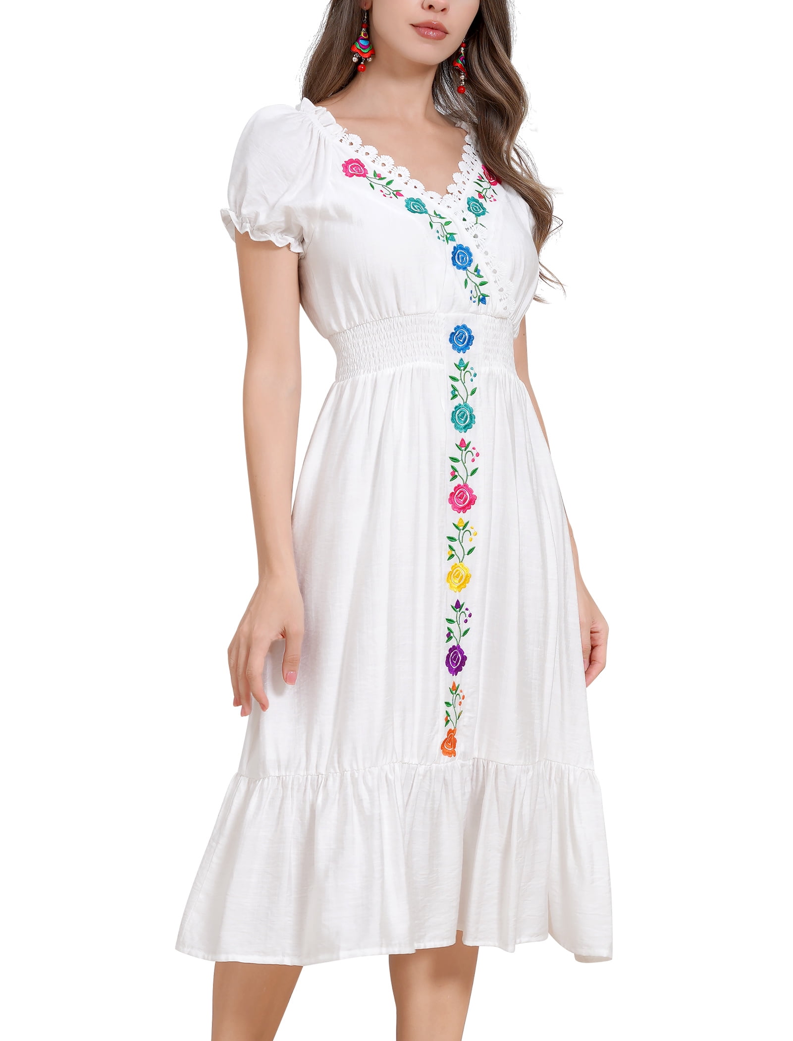 IDOPIP Women Mexican Dress Floral Embroidery V Neck Short Puff Sleeve