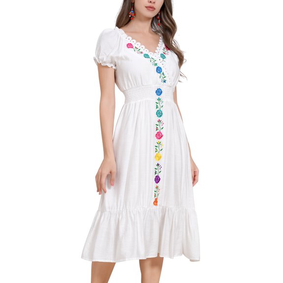 IDOPIP Women Mexican Dress Floral Embroidery V Neck Short Puff Sleeve Traditional Fiesta Dresses