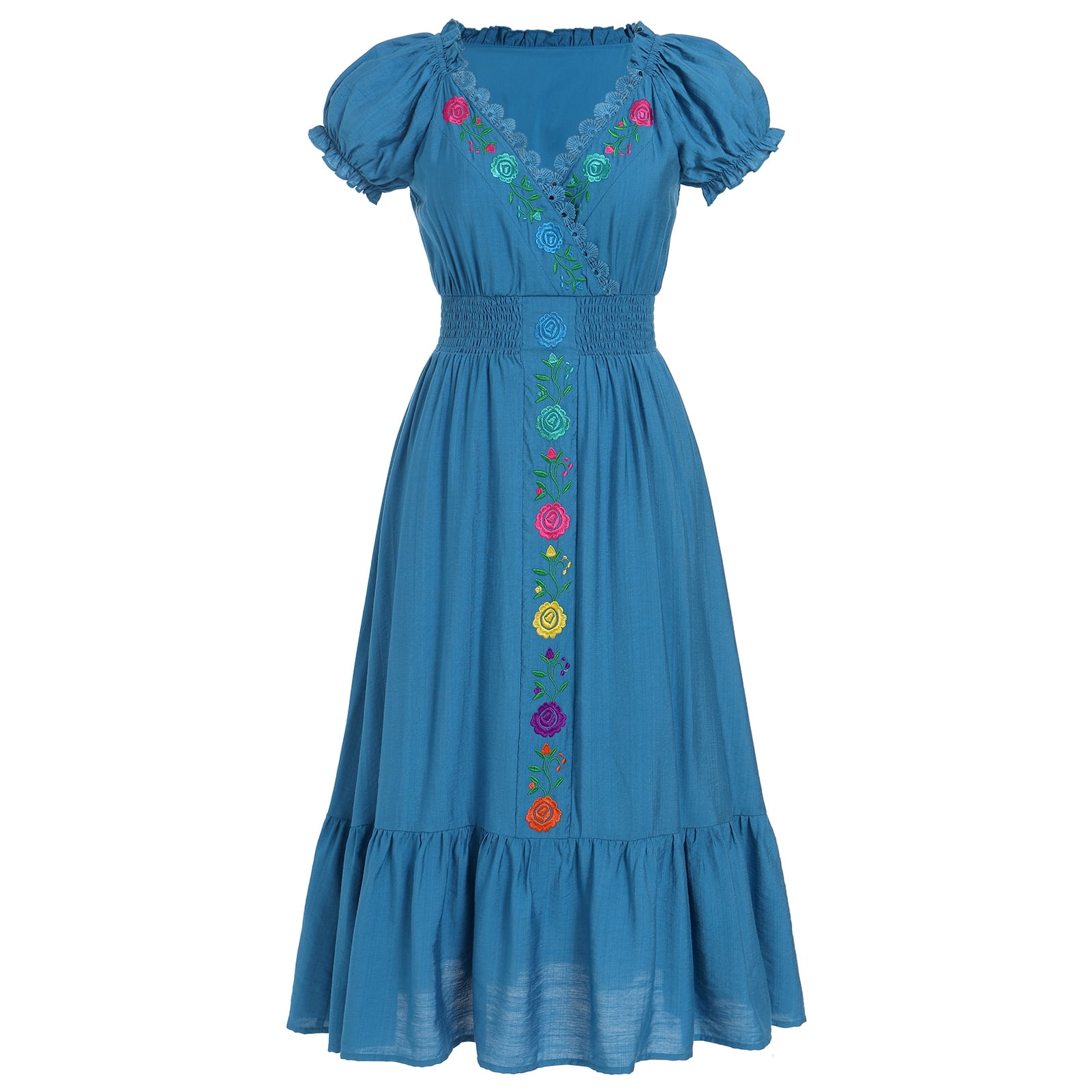 IDOPIP Women Mexican Dress Floral Embroidery V Neck Short Puff Sleeve