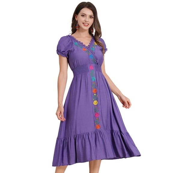 IDOPIP Women Mexican Dress Floral Embroidery V Neck Short Puff Sleeve Traditional Fiesta Dresses