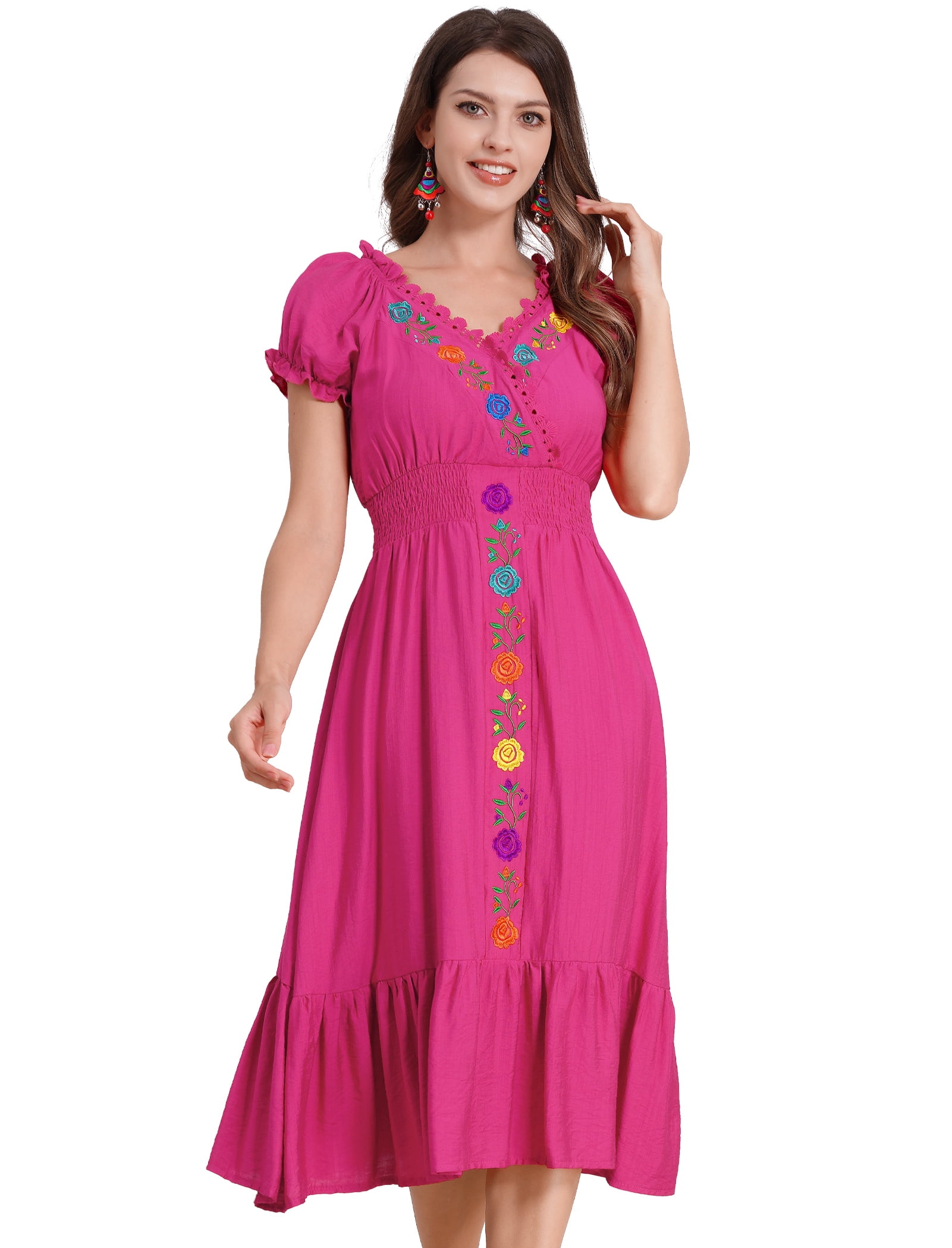 IDOPIP Women Mexican Dress Floral Embroidery V Neck Short Puff Sleeve