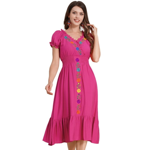 IDOPIP Women Mexican Dress Floral Embroidery V Neck Short Puff Sleeve Traditional Fiesta Dresses
