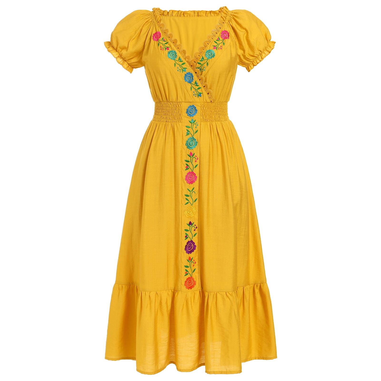 IDOPIP Women Mexican Dress Floral Embroidery V Neck Short Puff Sleeve