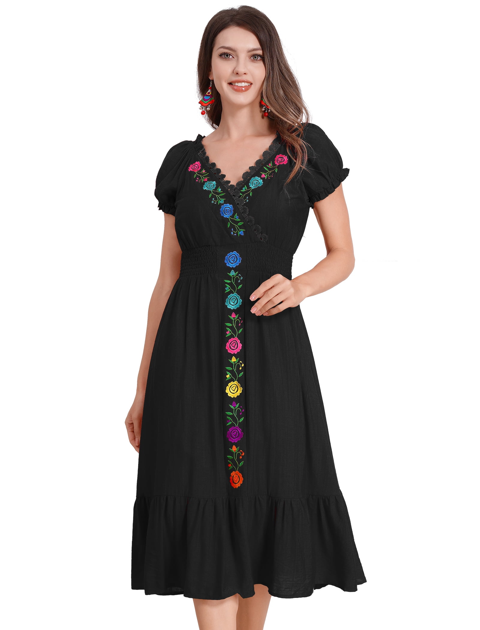 IDOPIP Women Mexican Dress Floral Embroidery V Neck Short Puff Sleeve