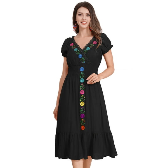 IDOPIP Women Mexican Dress Floral Embroidery V Neck Short Puff Sleeve Traditional Fiesta Dresses