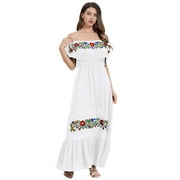 IDOPIP Women Mexican Dress Off Shoulder Floral Embroidered Long Maxi Dress Traditional Fiesta Dresses