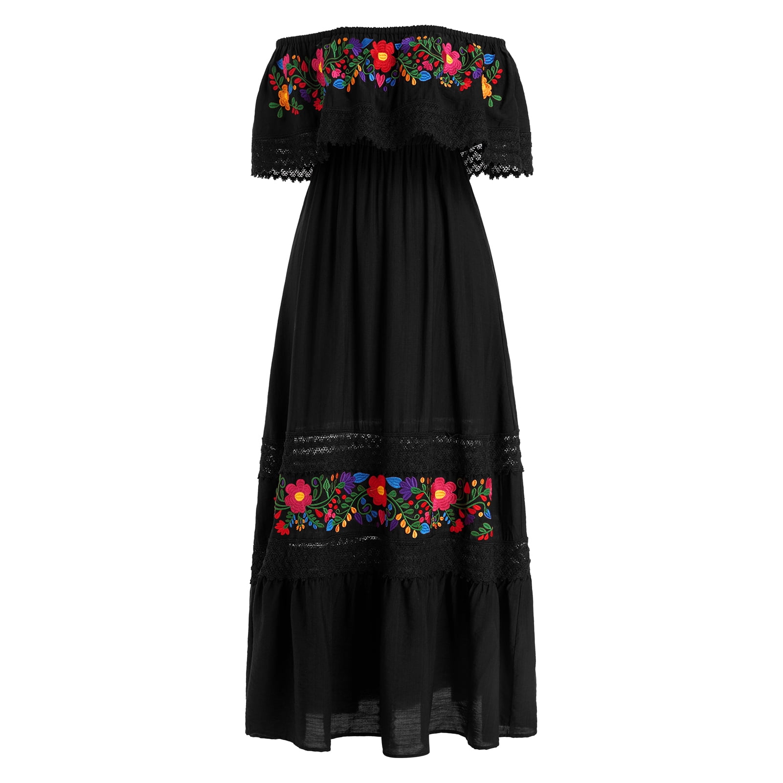 IDOPIP Women Mexican Dress Off Shoulder Floral Embroidered Long Maxi