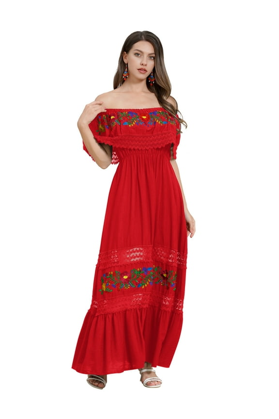 Women Mexican Dress Off Shoulder Floral Embroidered Long Maxi Dress Traditional Fiesta Dresses