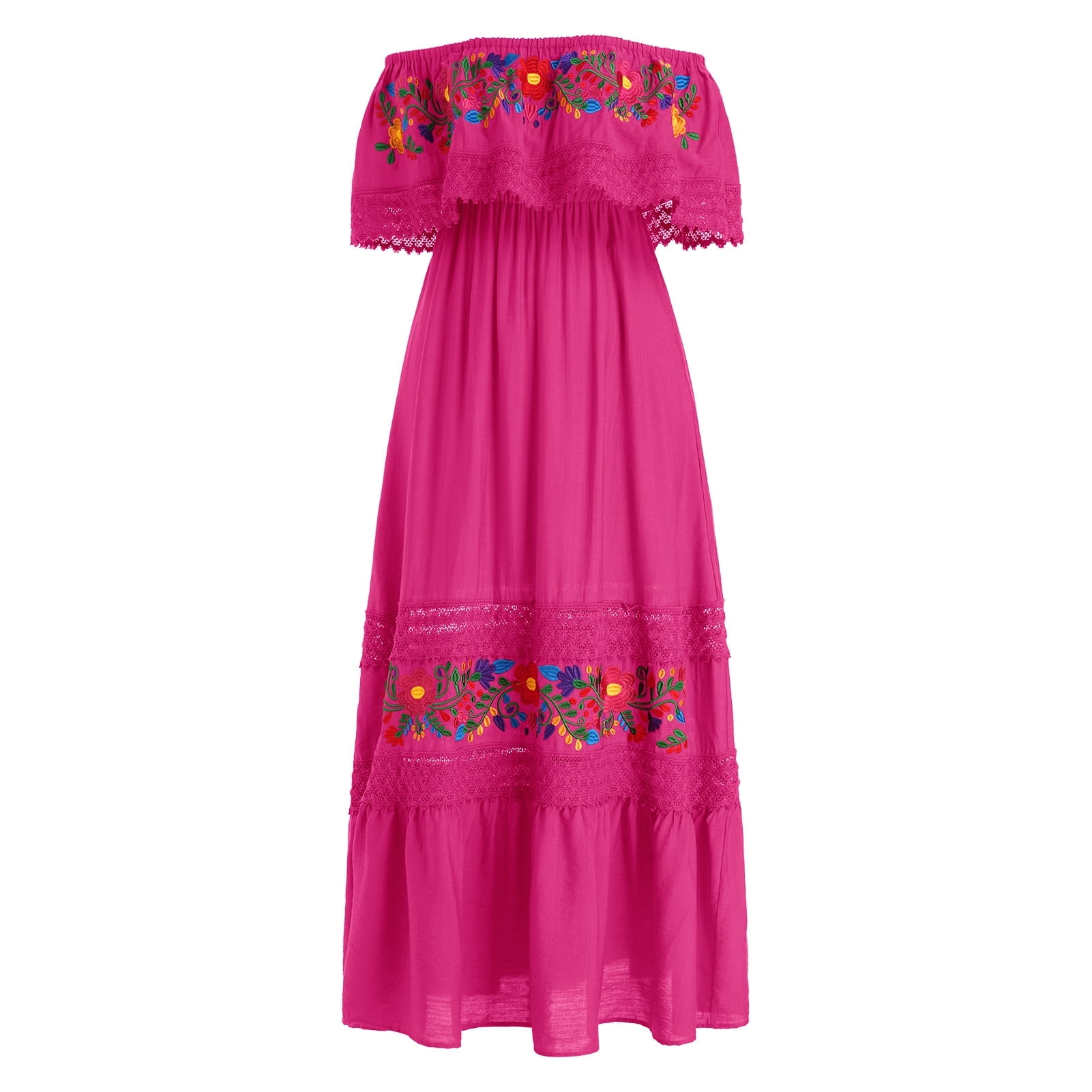 IDOPIP Women Mexican Dress Off Shoulder Floral Embroidered Long Maxi