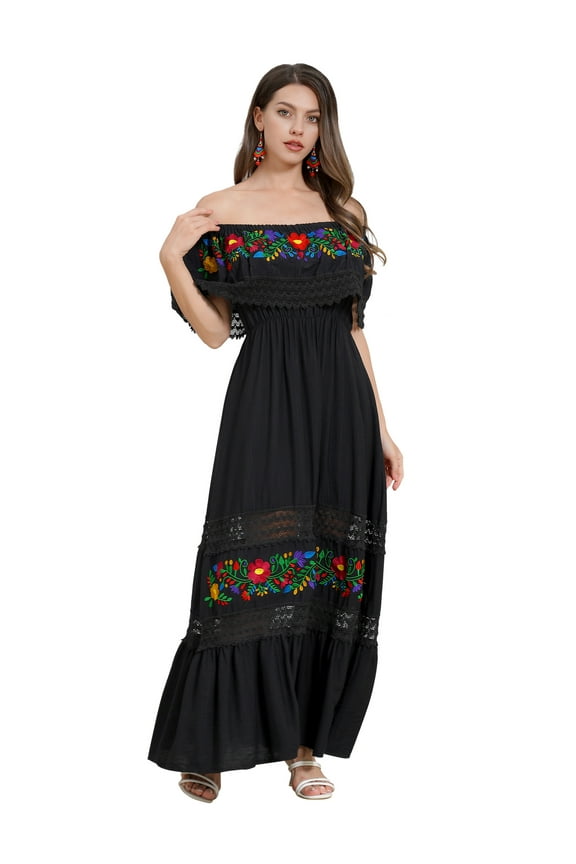 Women Mexican Dress Off Shoulder Floral Embroidered Long Maxi Dress Traditional Fiesta Dresses