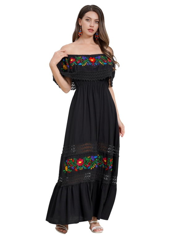Women Mexican Dress Off Shoulder Floral Embroidered Long Maxi Dress Traditional Fiesta Dresses