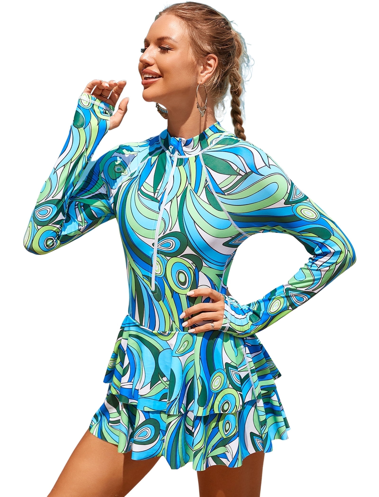 IDOPIP Women One Piece Rash Guard Set Long Sleeve Swimsuits Zip Front Swim Shirt Dress with Shorts