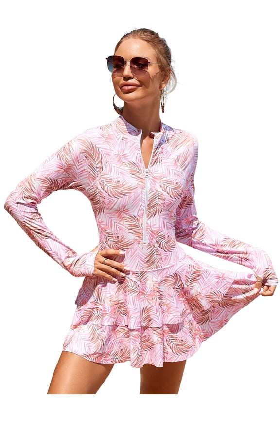 Women One Piece Rash Guard Set Long Sleeve Swimsuits Zip Front Swim Shirt Dress with Shorts