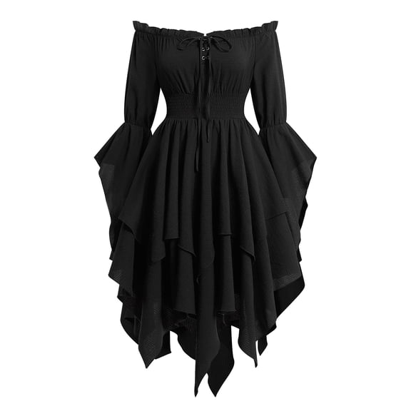IDOPIP Women Renaissance Dress Off Shoulder Medieval Corset Dress Gothic Costume Bell Sleeve Lace Up Flowy Handkerchief Dress for Pirate Peasant Halloween L Black