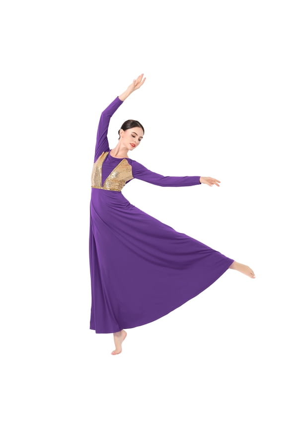 Women Shiny Praise Dance Dress Sequin Gold Lyrical Dance Dress Liturgical Worship Dancewear