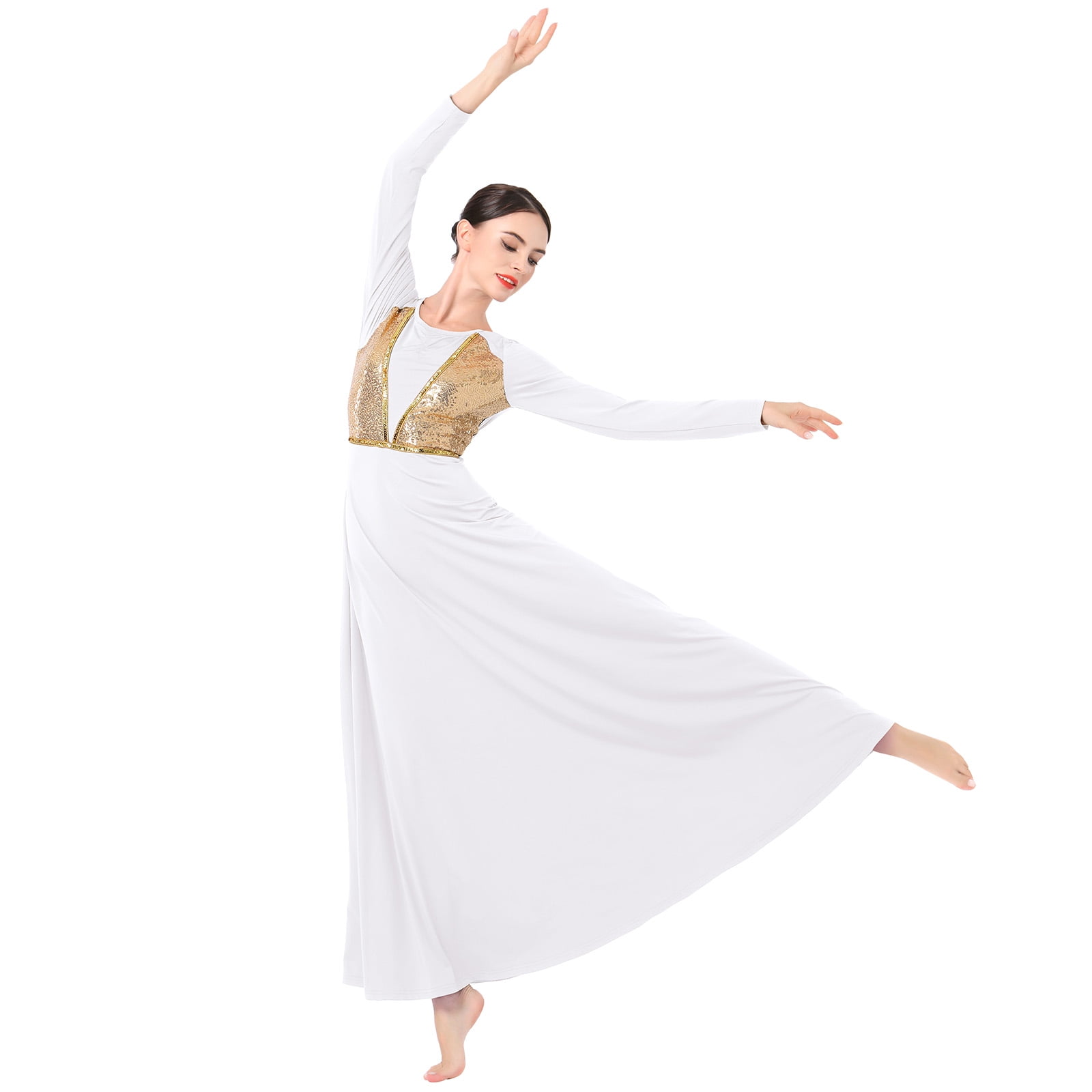 IDOPIP Women Shiny Praise Dance Dress Sequin Gold Lyrical Dance Dress