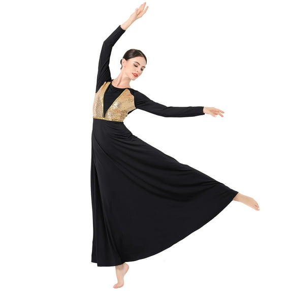 IDOPIP Women Shiny Praise Dance Dress Sequin Gold Lyrical Dance Dress Liturgical Worship Dancewear