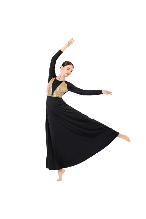 Women Shiny Praise Dance Dress Sequin Gold Lyrical Dance Dress Liturgical Worship Dancewear