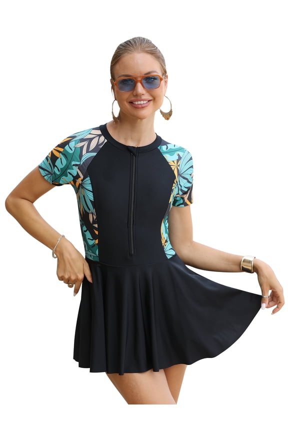 Women Short Sleeve One Piece Rash Guard Modest Swimsuits Dress Zipper Bathing Suit Skirt with Short