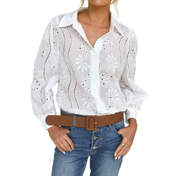 IDOPIP Women Tops Casual Dressy White Solid Color Blouses Hollow Out Point Collar Fall Puff Sleeve Shirts Size L