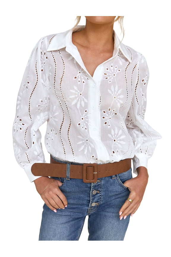 Women Tops Casual Dressy White Solid Color Blouses Hollow Out Point Collar Fall Puff Sleeve Shirts Size XL