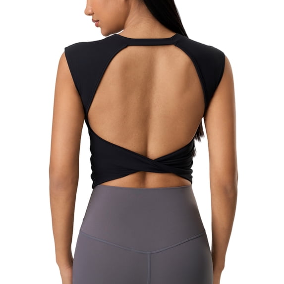 IDOPIP Women Twist Back Workout Top with Built in Bra Cap Sleeve Pilates Yoga Crop Open Back Sports Top Athletic Gym Tight Shirt
