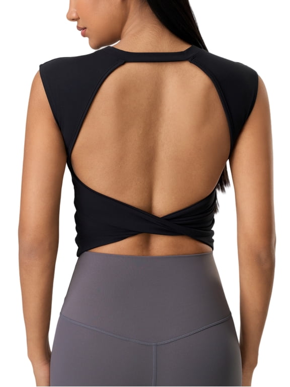 Women Twist Back Workout Top with Built in Bra Cap Sleeve Pilates Yoga Crop Open Back Sports Top Athletic Gym Tight Shirt