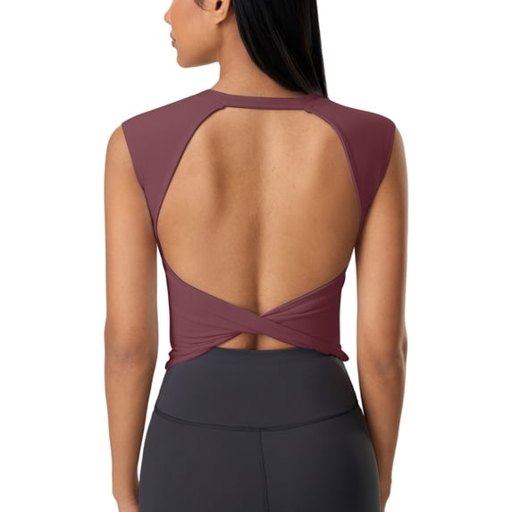 IDOPIP Women Twist Back Workout Top with Built in Bra Cap Sleeve Pilates Yoga Crop Open Back Sports Top Athletic Gym Tight Shirt