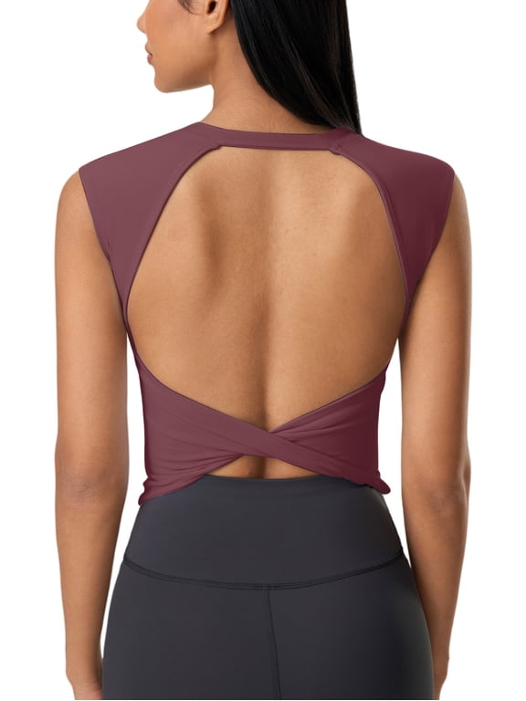 Women Twist Back Workout Top with Built in Bra Cap Sleeve Pilates Yoga Crop Open Back Sports Top Athletic Gym Tight Shirt